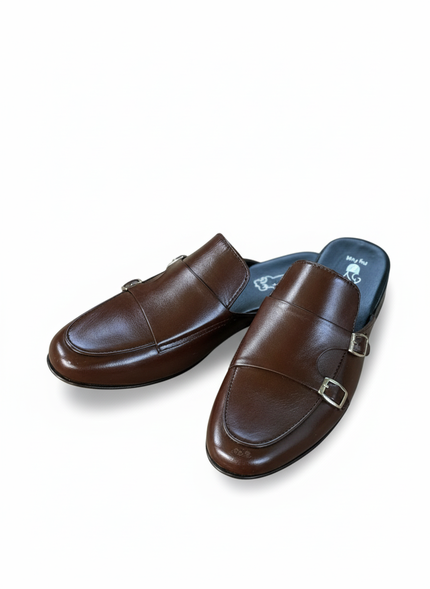 The Brown Leather Double Monk Strap Mules