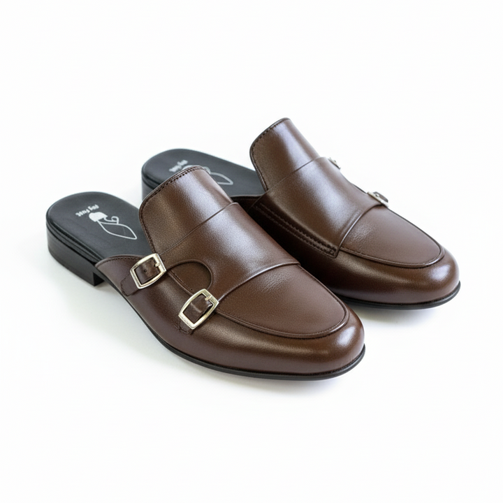 The Brown Leather Double Monk Strap Mules